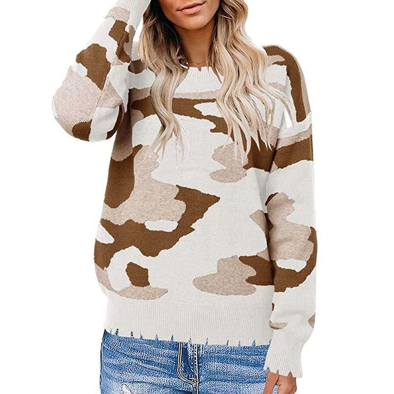 Women's Fashion Simple Cut And Tear Camouflage Sweater Apricot - Shop at LoveMi