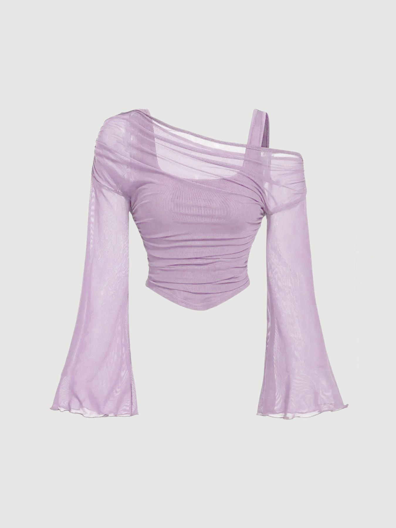 Women's mesh neck top – purple colorway full outfit view