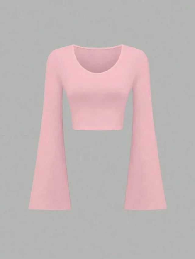 Fashion Solid Color Scoop Bell Sleeve Short Slim Fit Slimming T shirt Pink - Shop at LoveMi