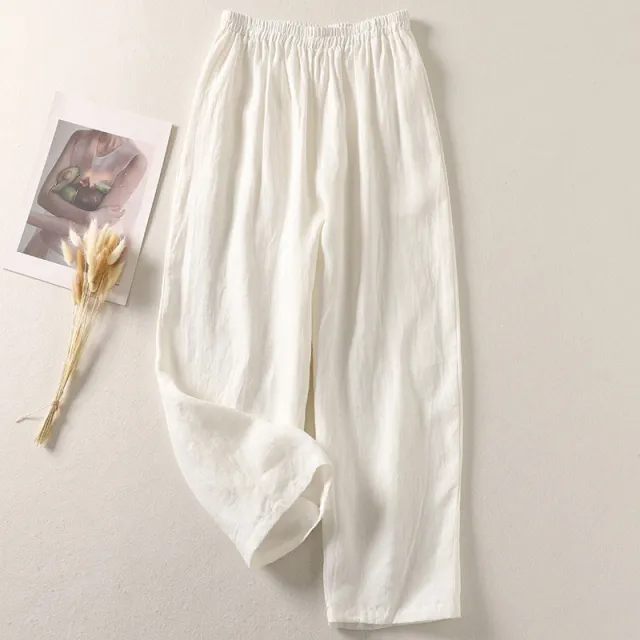 Cotton And Linen Casual Elastic Waist Loose Cropped Pants White - Shop at LoveMi