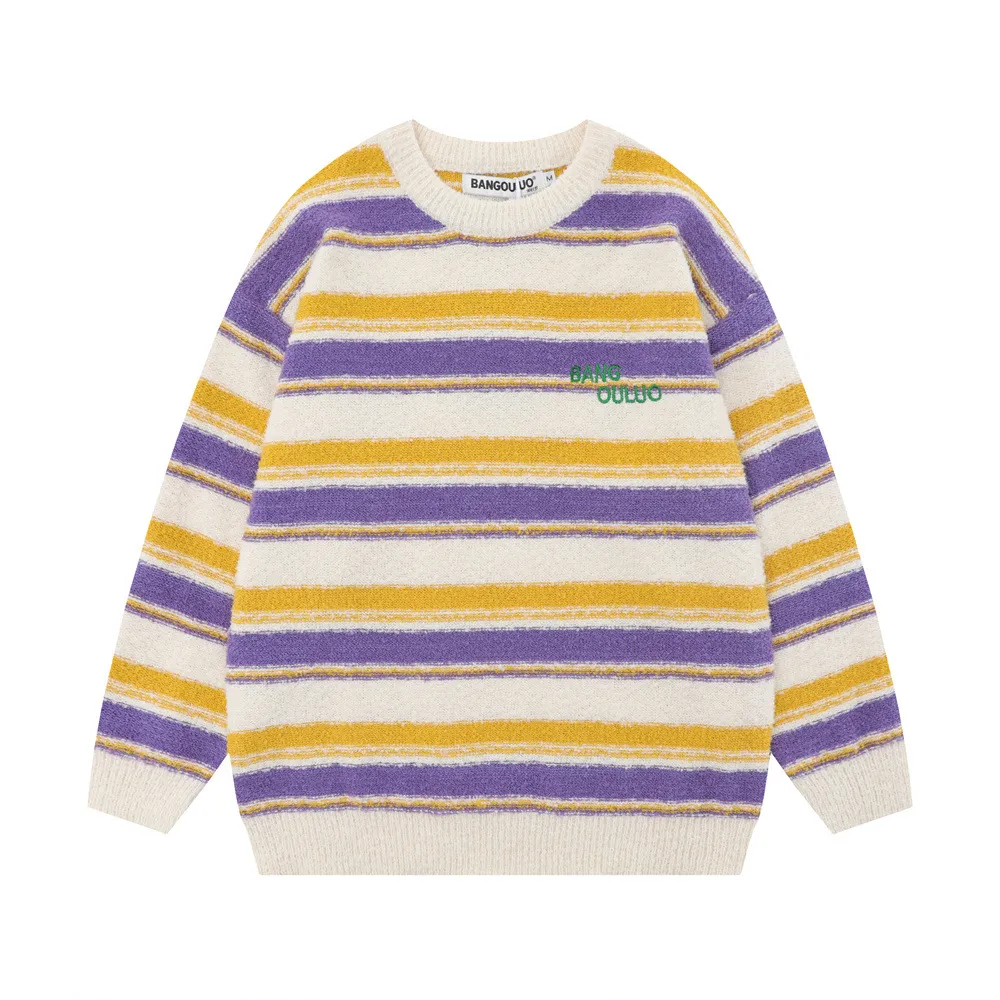 Contrast Color Striped Round Neck Sweater Loose Women - Apricot