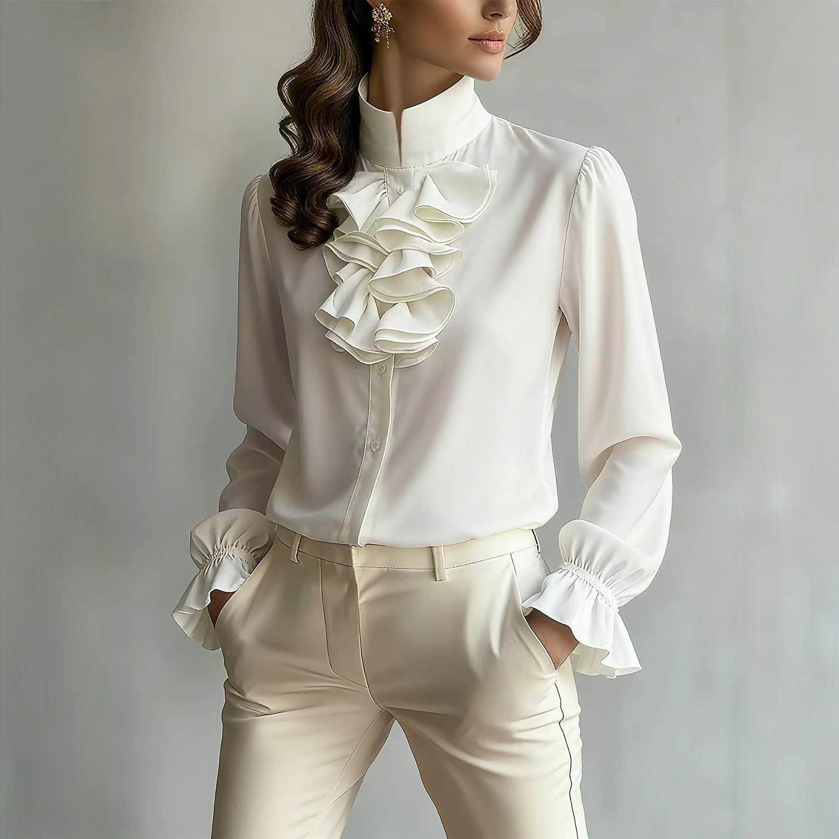 Casual Loose-neck Plain-colored Ruffled Collar Shirt