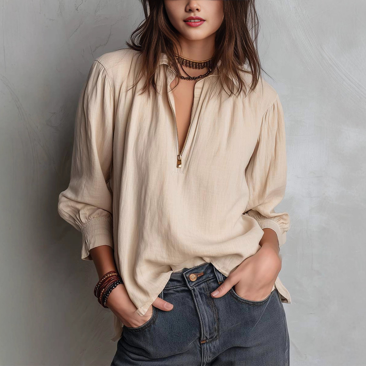 Womens Western-style Shirt-collar Pullover
