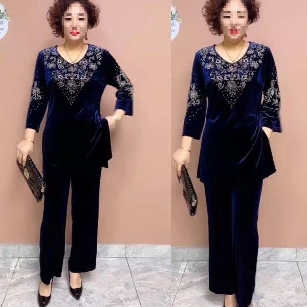 Stylish Gold Velvet Cropped-Sleeve Pants Two-Piece Set