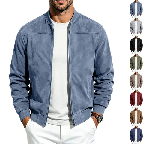 Suede Long Sleeve Zip Up Jacket Men's Casual Outerwear