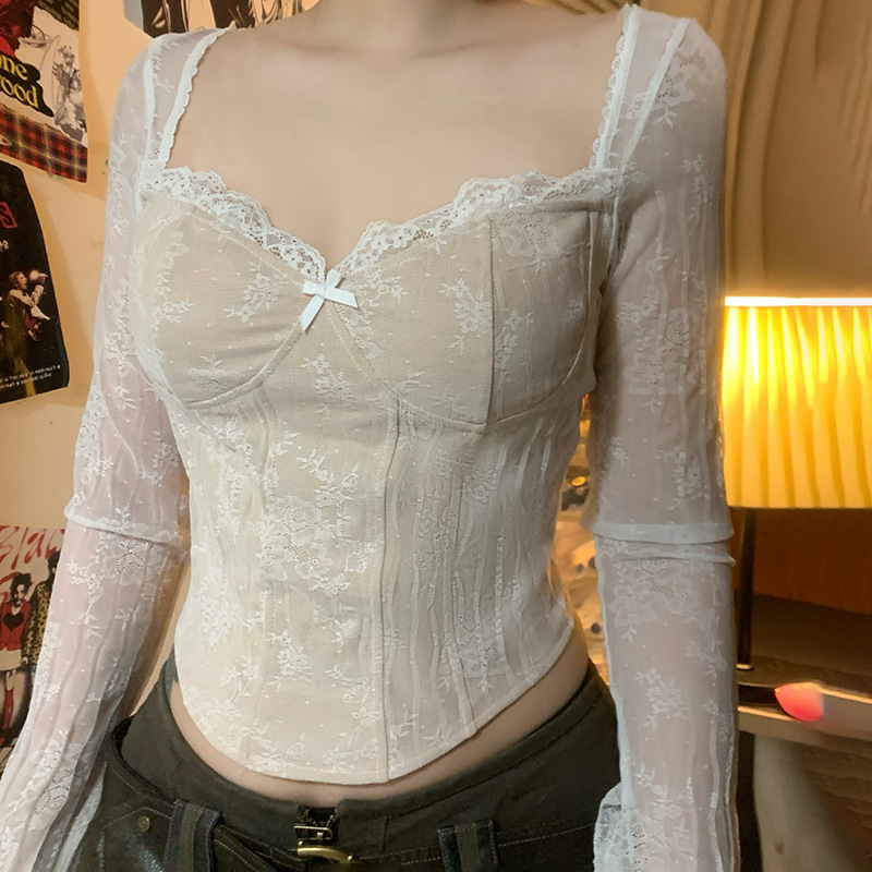 Lace Chest V-neck Lace Slim Fit Patchwork Top