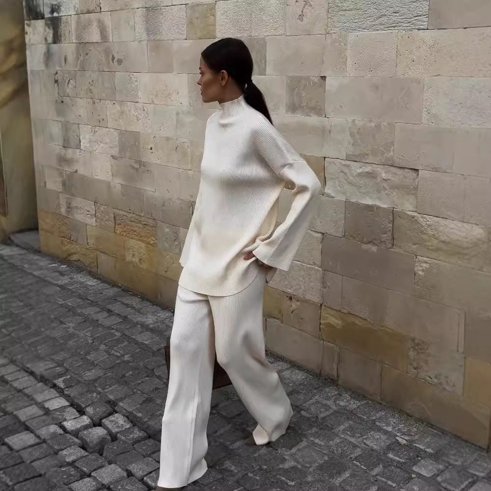 Women's Turtleneck Long-sleeved Sweater Straight Loose Woolen Pants