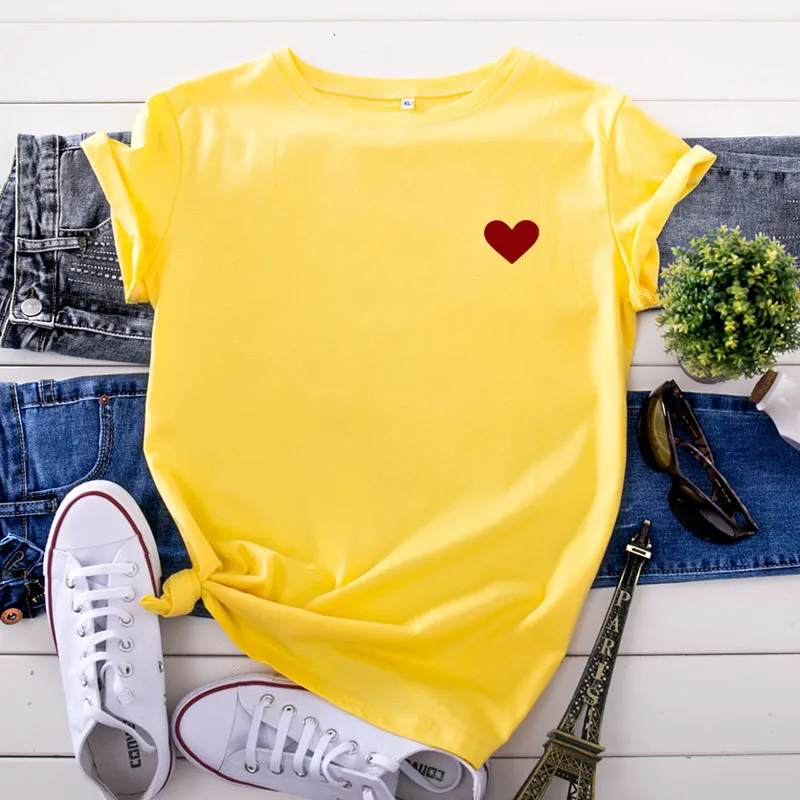 Simple And Comfortable Pure Cotton Love Short Sleeve Women's T-shirt - Yellow