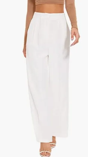 Commuter Drooping Slimming High Waist Pure Color Wide leg Pants Casual Suit Pants White - Shop at LoveMi