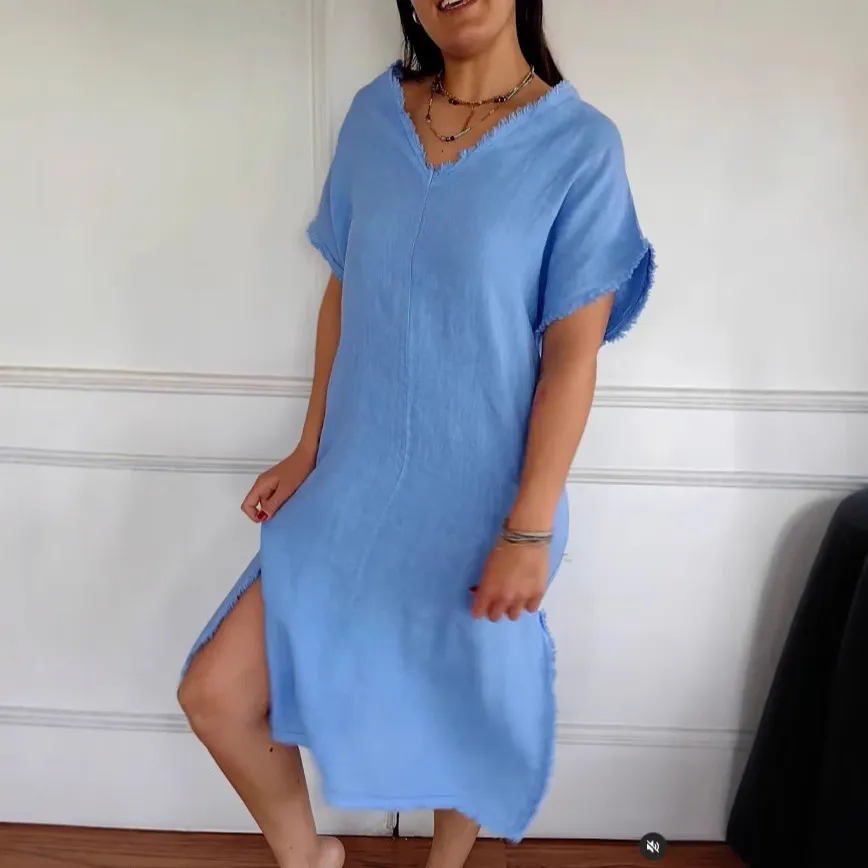 Casual Cotton And Linen Solid Color And V-neck Tassel Slit Dress