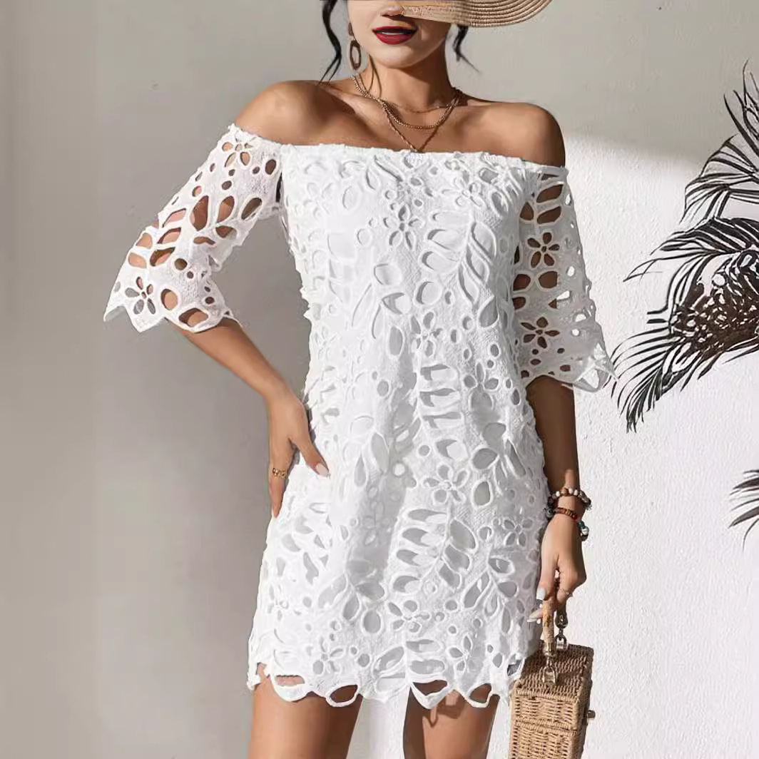 Women's Solid Color Tube Top One Shoulder Hollow Lace Dress White - Shop at LoveMi