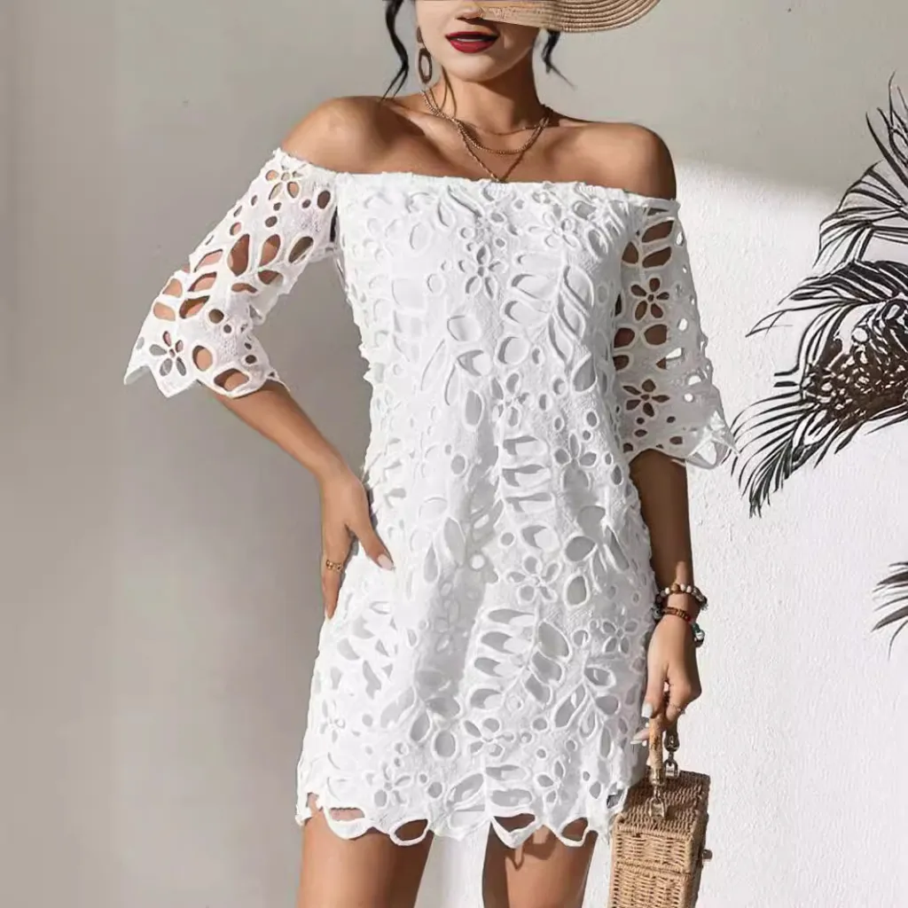 Women's Solid Color Tube Top One Shoulder Hollow Lace Dress - White