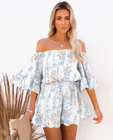 Patchwork Short Sleeve Loose Solid Color Chiffon Jumpsuit White With Printed Pattern - Shop at LoveMi