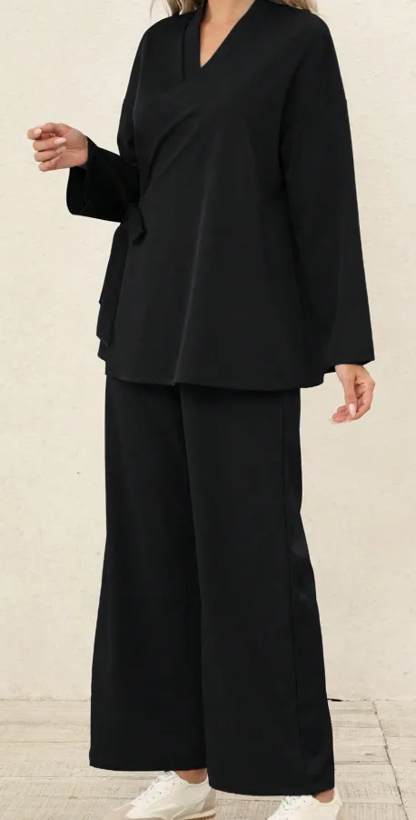 Women's Loose fitting Top And Wide leg Pants Two piece Set Black - Shop at LoveMi