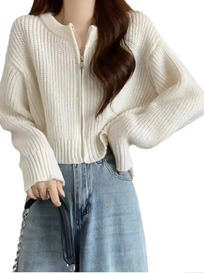 Temperament Wild Short Soft Glutinous Zipper Knitted Cardigan Sweater - White