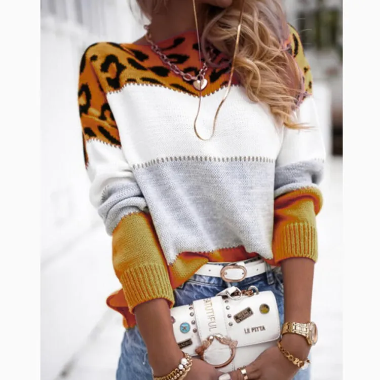 Women's Leopard Print Color-block Crew Neck Casual Sweater Long Sleeve Bottoming Shirt - Yellow