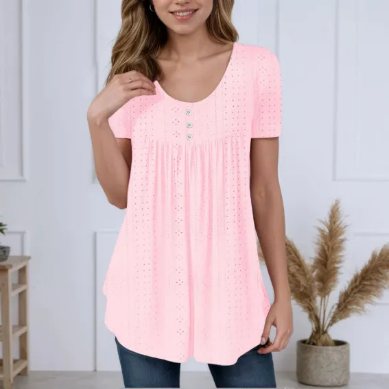 Summer New Round Neck Short Sleeve Top Loose Solid Color Hollow T shirt Pink - Shop at LoveMi