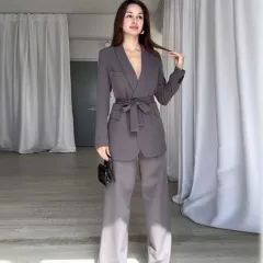 Solid Color Waist Tight Suit High Waist Wide Leg Pants Commuter Suit - Gray - View 1