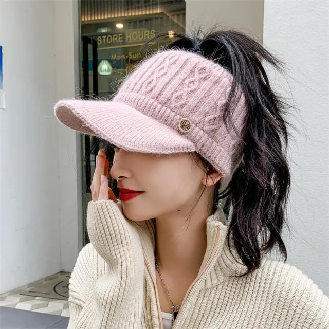 Autumn And Winter Korean Style Versatile Knitted Rabbit Fur Knitted Hat Fleece lined Thick Warm Earflaps Peaked Cap Pink - Shop at LoveMi