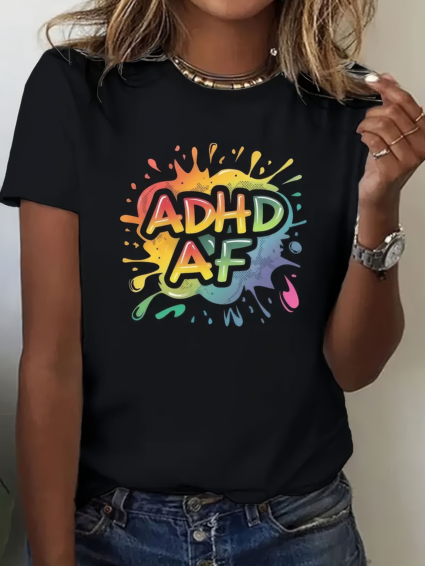 Letter Print ADHD AF Crew Neck T-shirt Casual Short Sleeve