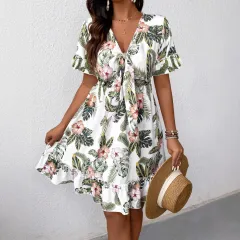 V-neck Floral Print Fashion Dress - White - View 1