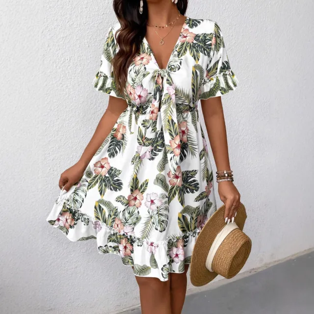 V neck Floral print Chic Resort style Dress White - Shop at LoveMi