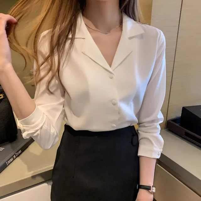 Women's Solid Color Buttons Loose Chiffon Shirt White - Shop at LoveMi
