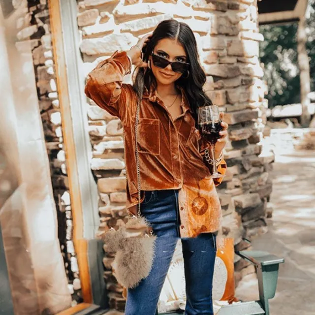 Velvet Elegant Lapel Loose Long Sleeve Shirt Khaki - Shop at LoveMi