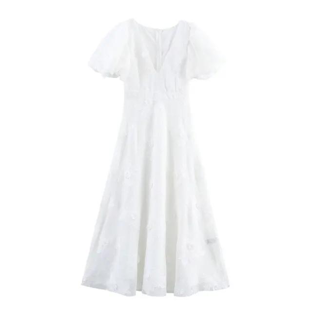 Summer V neck Puff Sleeve Waist tight Three dimensional Flower Decoration Long Dress - Shop at LoveMi