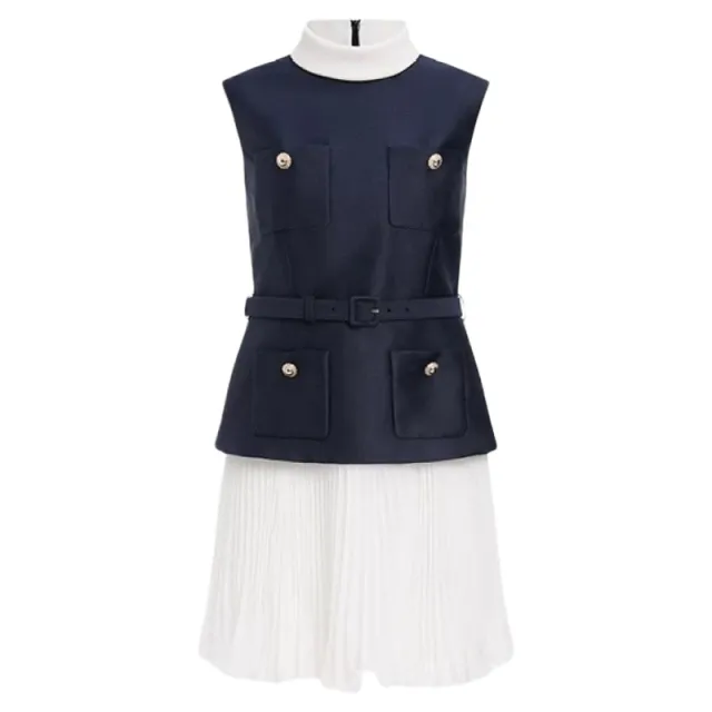 Women's Contrast Color High Sense Classic Style Fake Two piece Sleeveless Dark Blue - Shop at LoveMi