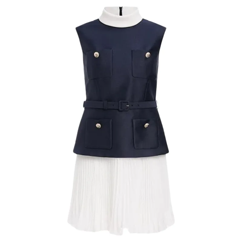 Women's Contrast Colour High Sense Classic Style Fake Two-piece Sleeveless - Dark Blue