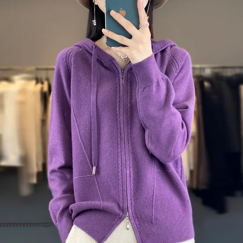 Hoodie Knitted Zipper Thickening Coat - Purple