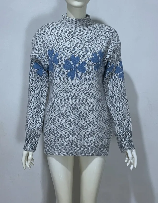 Embroidered Jacquard Pullover Loose Bottoming Shirt Mock Neck Sweater Coat Leaves Black - Shop at LoveMi
