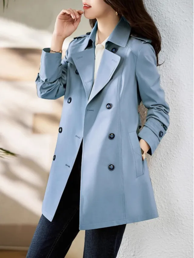 Women's Mid length Trench Coat Double Breasted Fitted Waist Overcoat Blue - Shop at LoveMi