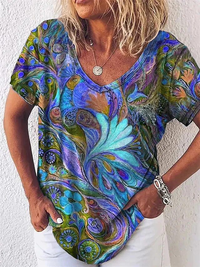 Europe And America Cross Border Summer Elegance Women's 3D Women's Abstract Painting T shirt Pattern Graffiti Blue - Shop at LoveMi