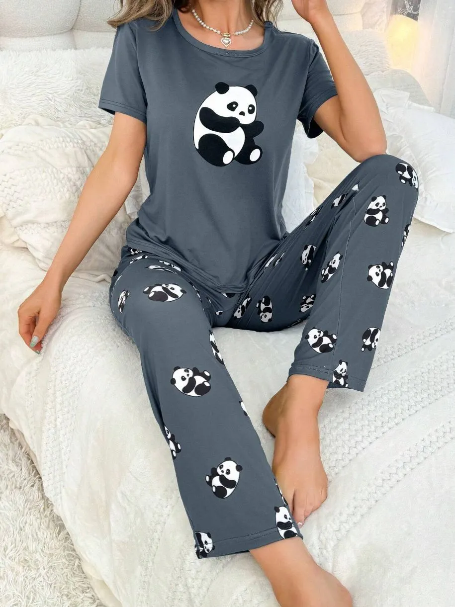Home Round Neck Printed Short Sleeve T-shirt Top And Trousers Suit - Color 24-L