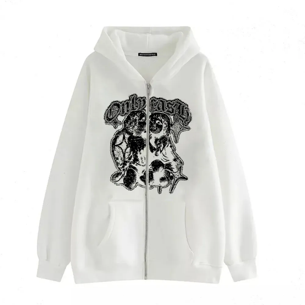 Women's Casual Hoodie Wings Angel Zipper Sweater - White Cutout