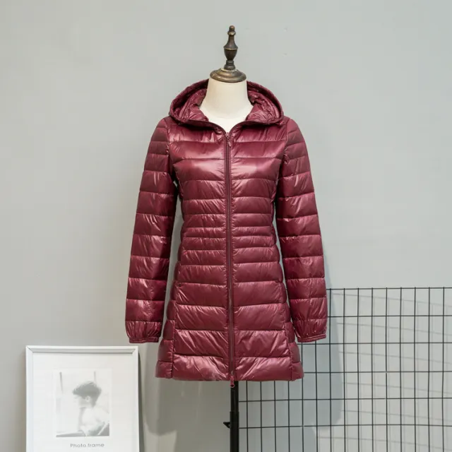 Autumn And Winter Lightweight Down Jacket Women's Mid length Plus Size Hooded Slim Fit Oversized Coat Wine Red - Shop at LoveMi