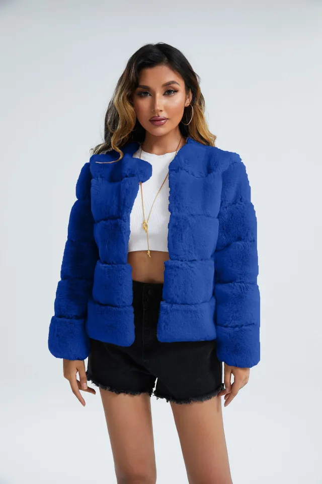 Women's Coat Fox Horizontal Stitching Artificial Fur Blue - Shop at LoveMi