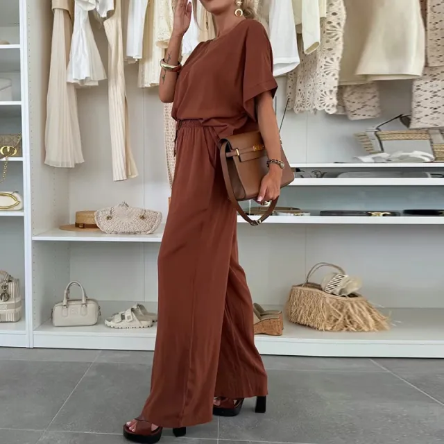 Fashion Suit Solid Color Round Neck Short Sleeves Tied Pants Dark Brown - Shop at LoveMi