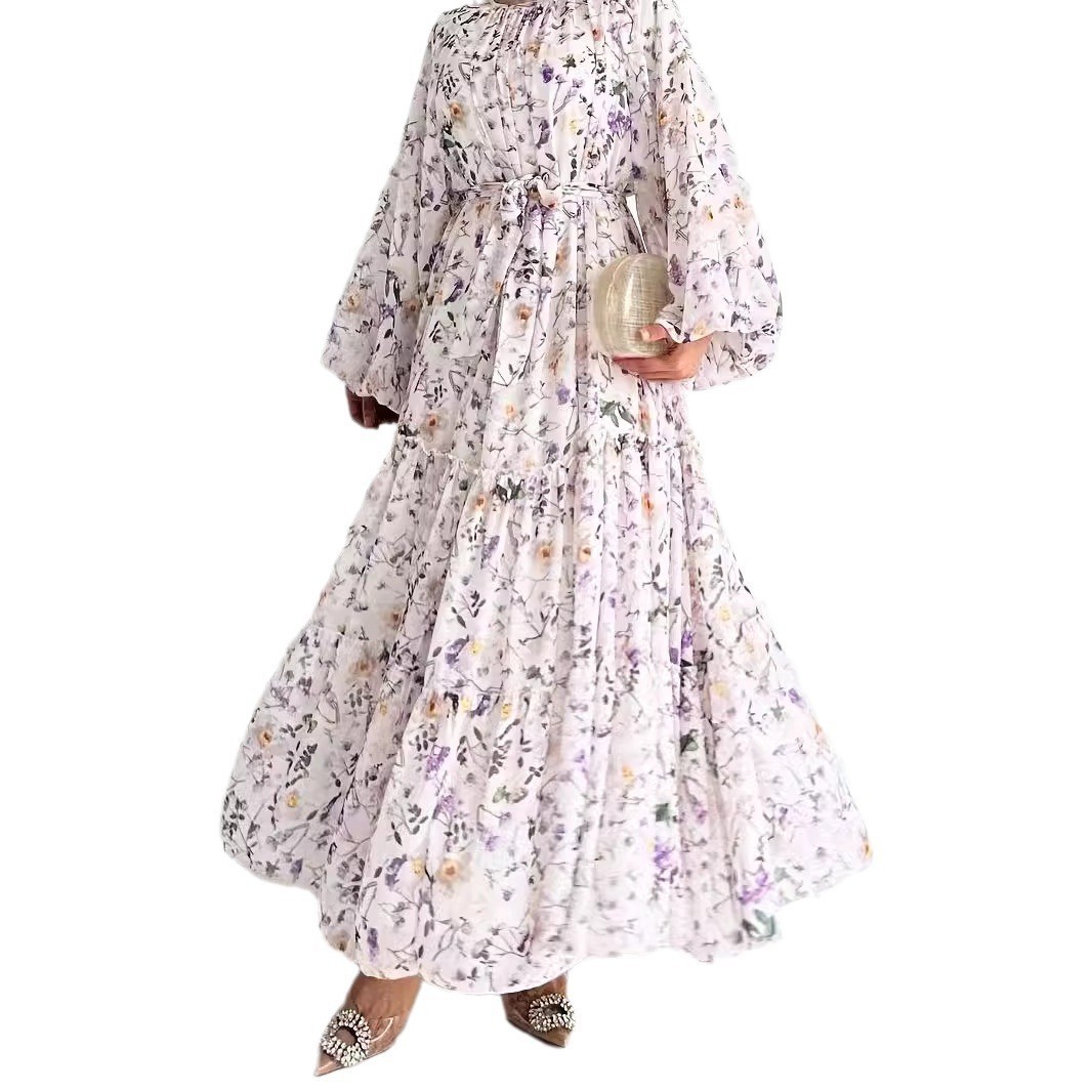 Chiffon Floral Dress With Belt Long Length Stylish And Elegant Light Purple - Shop at LoveMi