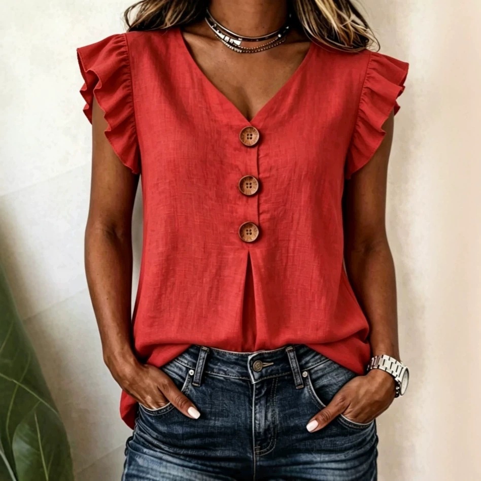 Womens Solid-Color Ruffled V-Neck Cotton-Linen Fashionable Button-Up Top