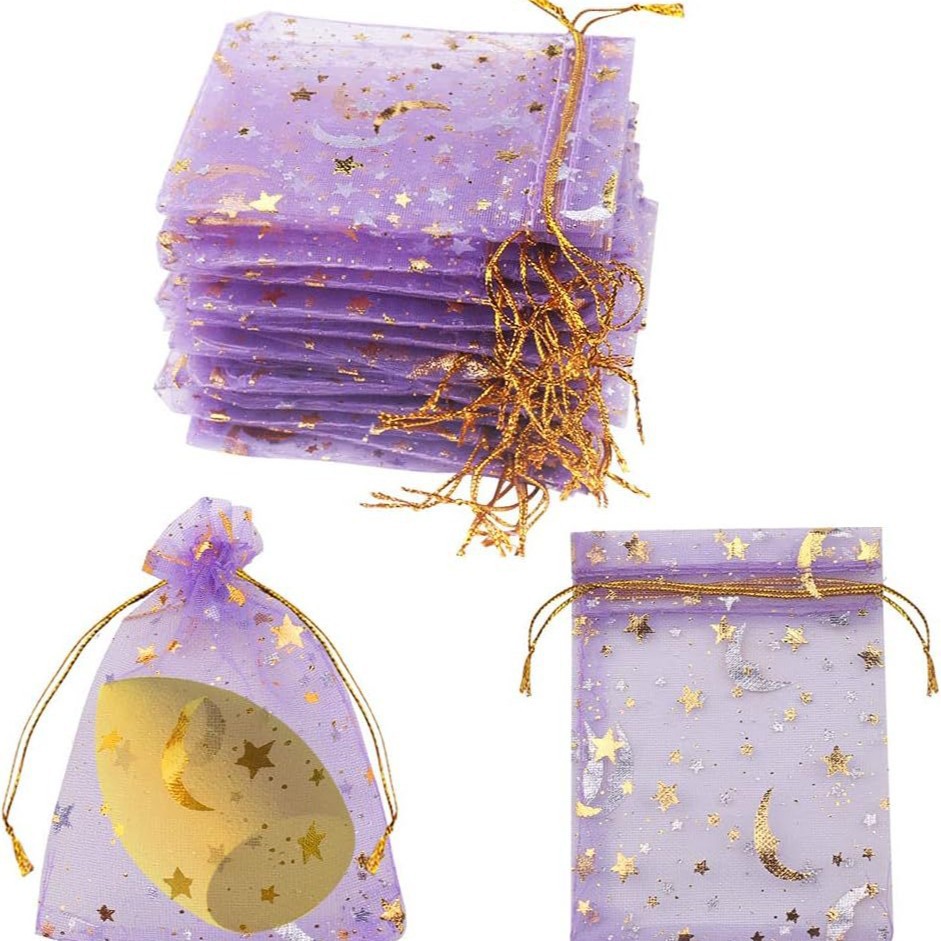Gilded Star And Moon Sheer Organza Mesh Bag