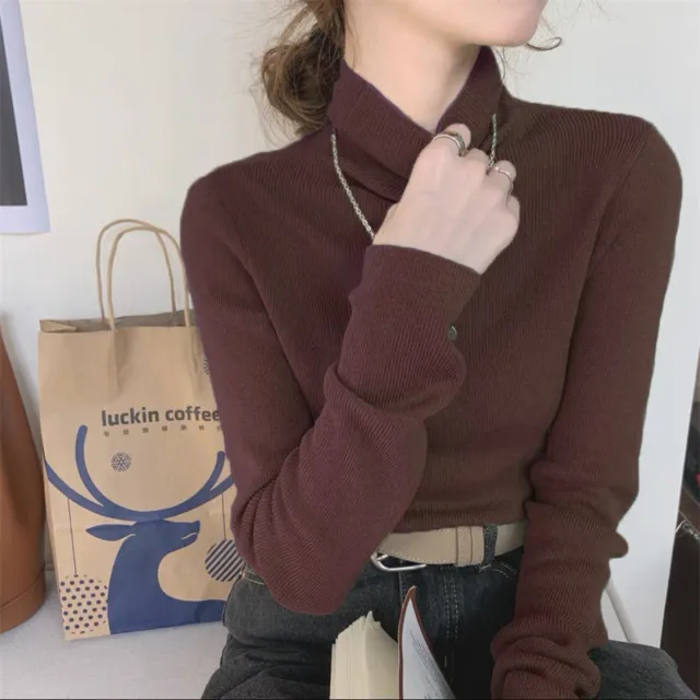 Lapel Women's Slim Bottoming Sweater Brown - Shop at LoveMi