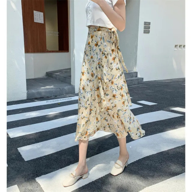 Vacation Style Floral Skirt Chiffon Dress Skirt One piece Ruffled 843 Apricot - Shop at LoveMi