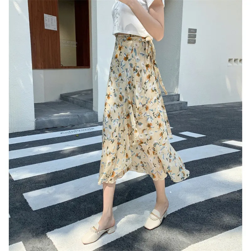 Vacation Style Floral Skirt Chiffon Dress Skirt One-piece Ruffled - 843 Apricot