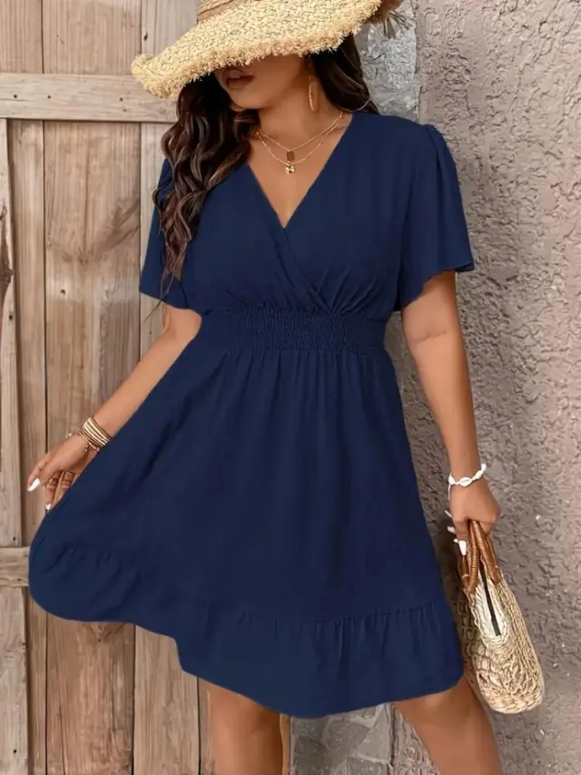 Solid Color Deep V neck Elegant Ruffled Waist Dress Navy Blue - Shop at LoveMi
