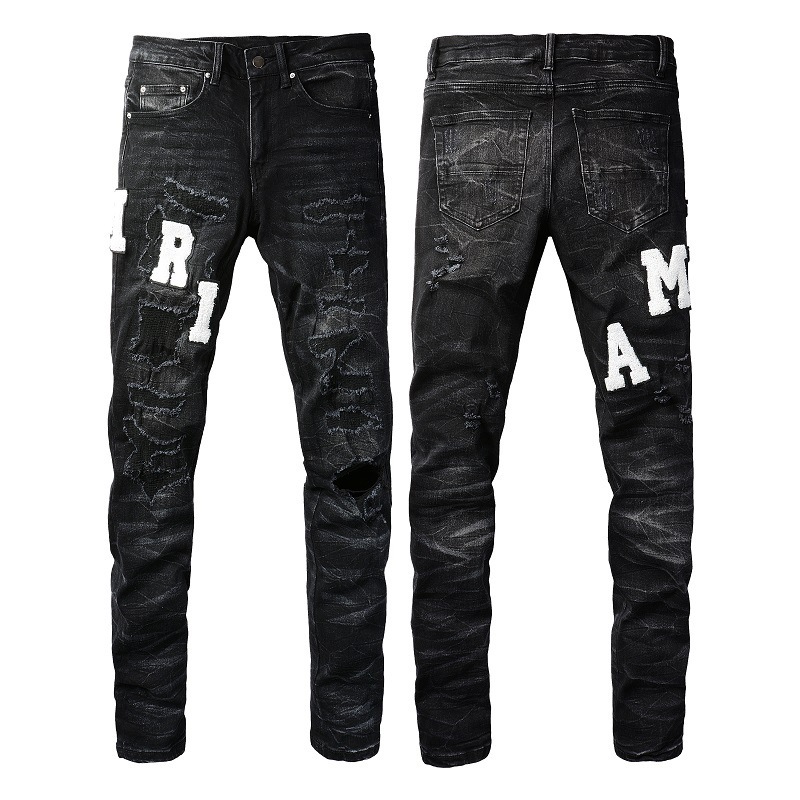 Letter-hole Distressed Thread Patch Stretch Slim-fit Ankle-length Pants