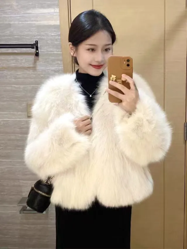 Fuzzy Short V neck Coat Milky White - Shop at LoveMi