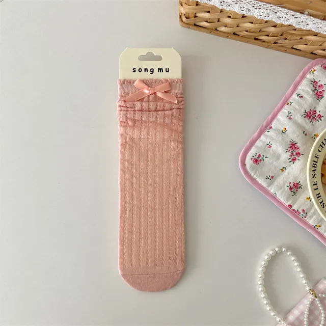 Thin Mesh Hollow Out Bow Mid calf Length Loose Socks Breathable Sweat Absorbing Nude Pink - Shop at LoveMi